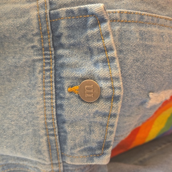 M&M'S Vibes Rainbow Distressed Light Blue Cotton Jean Jacket Womens Size Small - Picture 8 of 12